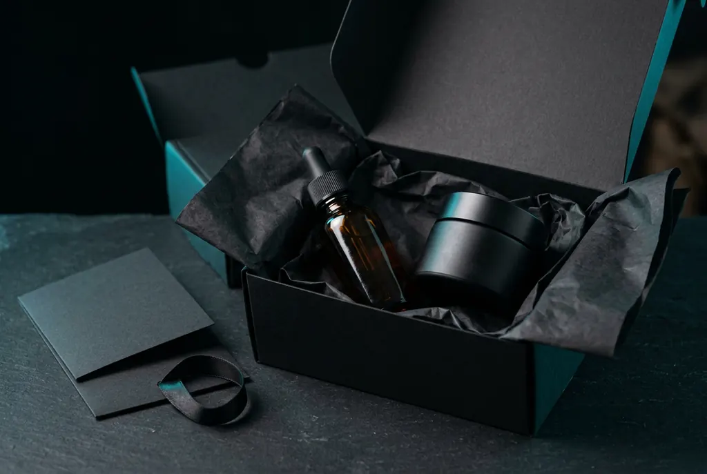 Serum und Cremetiegel in schwarzer Versandbox mit Seidenpapier und Grußkarte