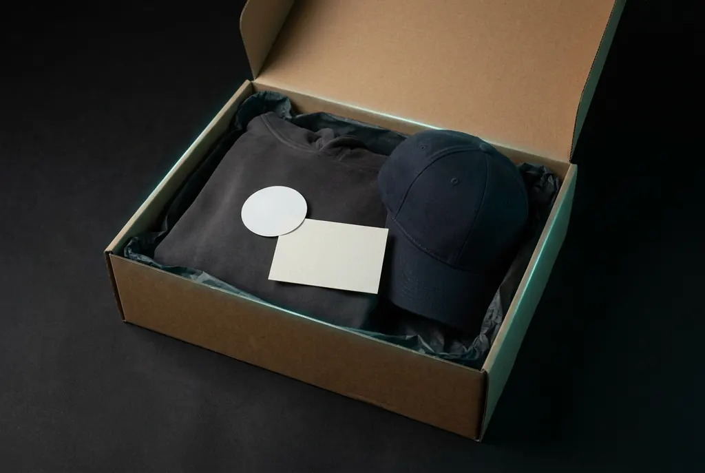 Hoodie und Cap in offener Versandbox mit rundem Sticker und Beileger