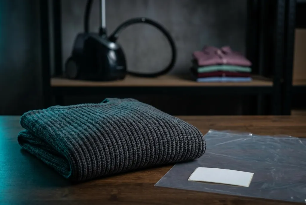 Zurückgesendeter Strickpullover gefaltet neben Polybag und neuem Etikett