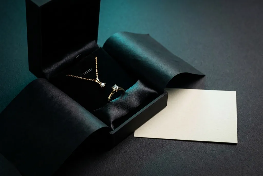 Edles Unboxing – Schmuck in schwarzer Geschenkbox mit Grußkarte